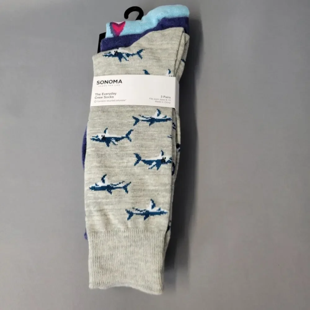 Sonoma The Everyday Crew Socks Mens‎ Size 8-13 Shark Surfboard Print 3 Pair New